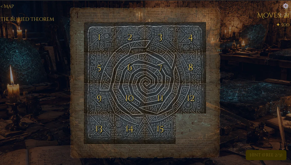 Una tavola 4×4 ricomposta: dalle tessere emerge una spirale incisa.