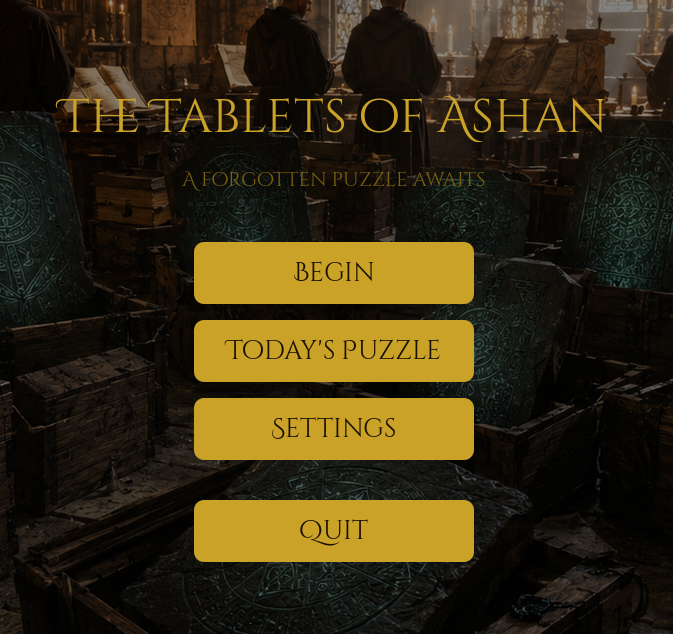 Le Tavole di Ashan — main menu showing the scriptorium